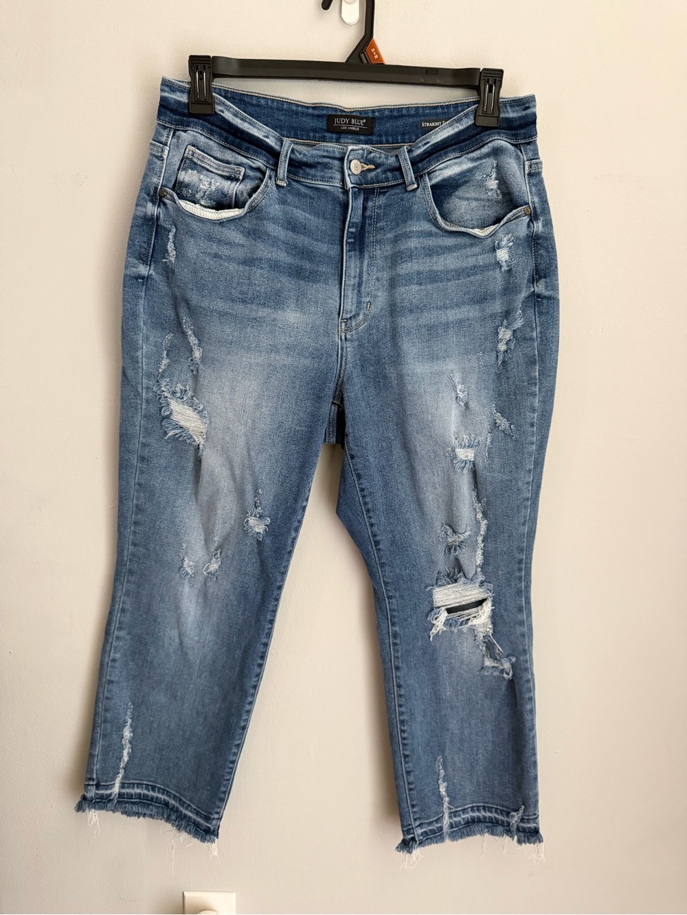 Judy Blue Distressed Straight Fit Ankle Jeans Stretch Medium Blue Wash Size 14W